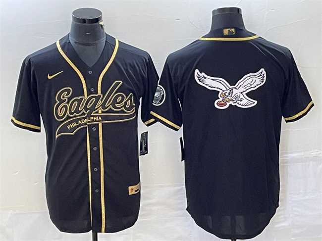 Mens Philadelphia Eagles Black Gold Team Big Logo Cool Base Stitched Baseball Jersey